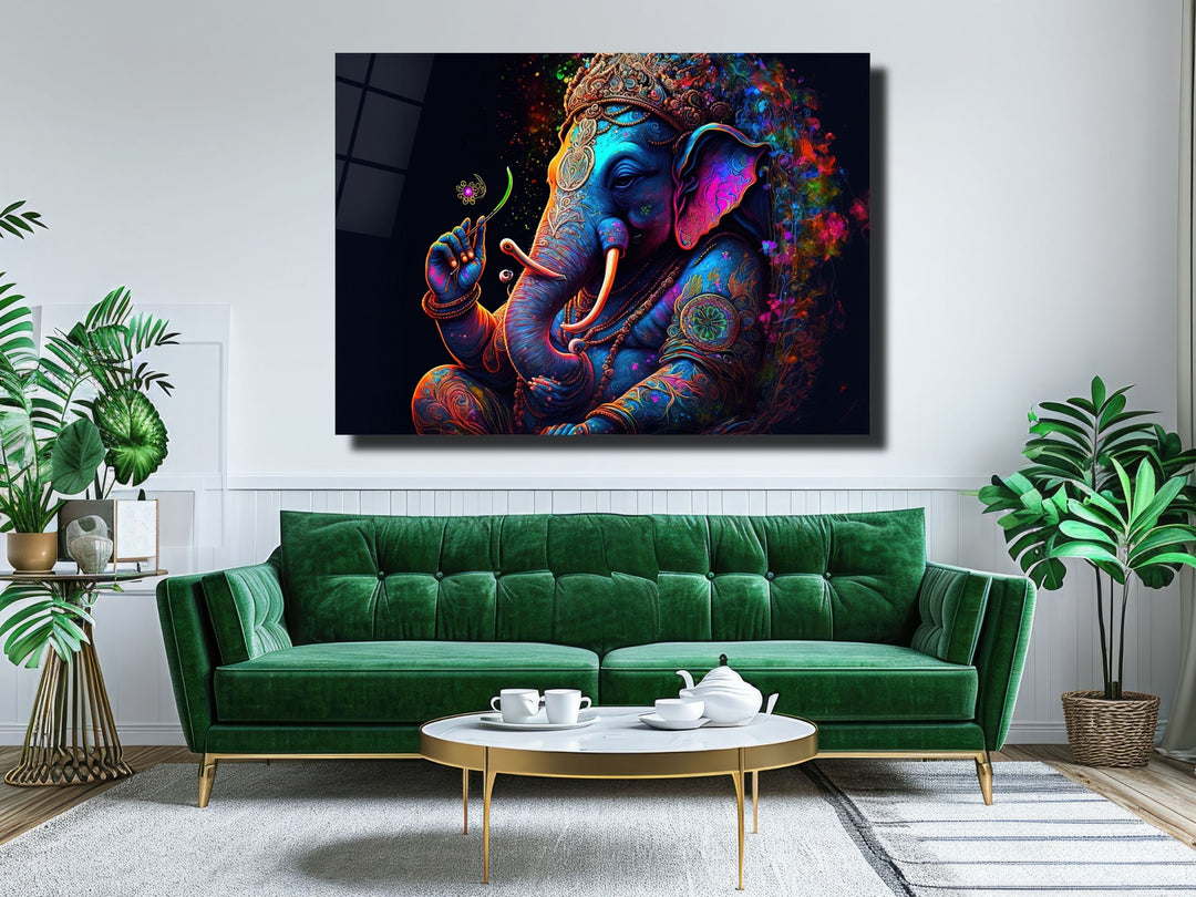 Ganesha-Colorful Elephant Glass Printing Wall Art - Modern Glass Wall Decor