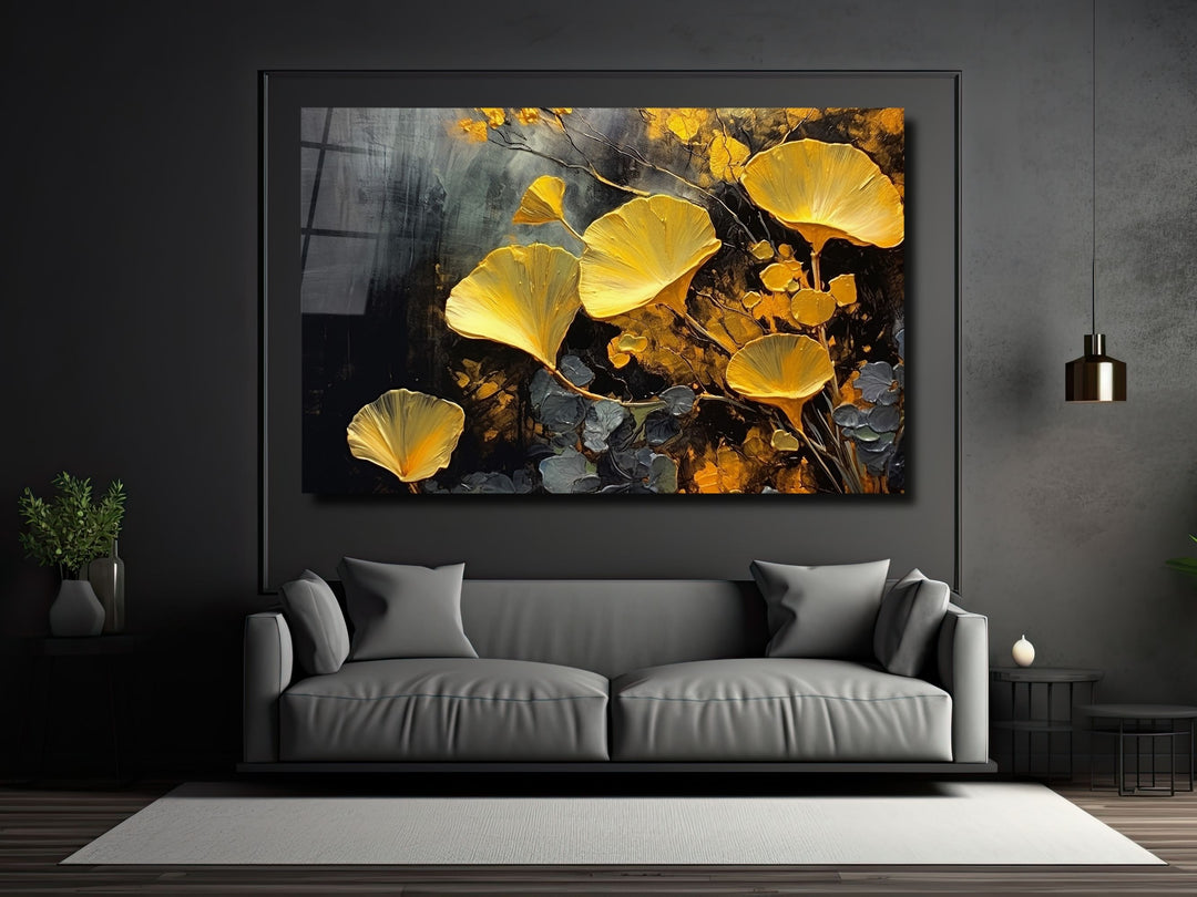 Gold Flower Glass Printing Wall Art - Glass Wall Decor