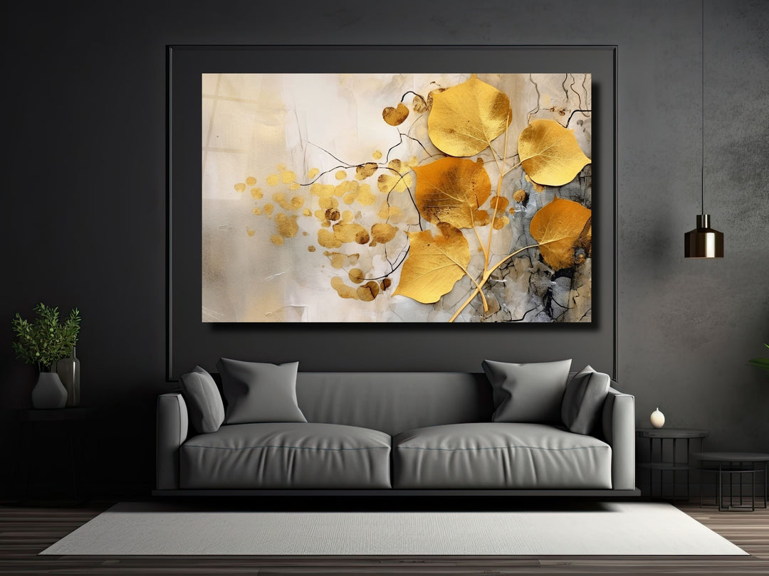 Gold Floral Glass Printing Wall Art - Glass Wall Decor