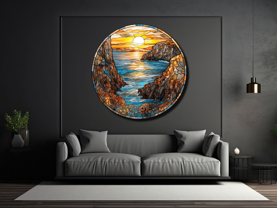 Stained Glass Sunset Pattern Wall Art Decor-Glass Printing Wall Painting Round