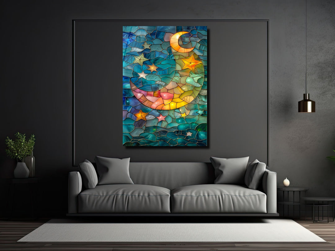 Stained Glass Moon&Star Pattern Wall Art Decor-Home&Office Glass Printing Wall Painting