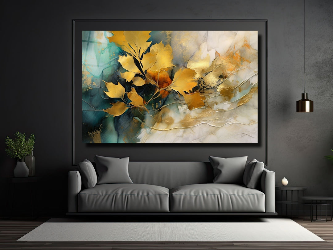 Gold Floral Glass Printing Wall Art - Glass Wall Decor