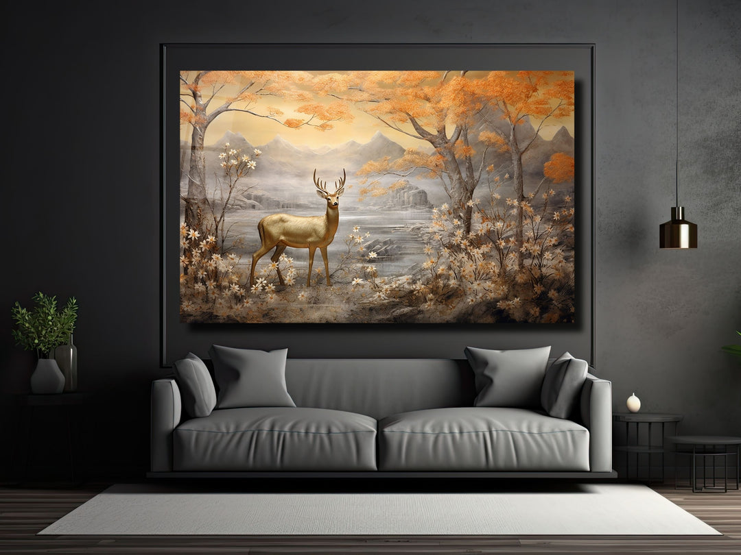 Gold Deer Glass Printing Wall Art - Landscape Glass Wall Decor