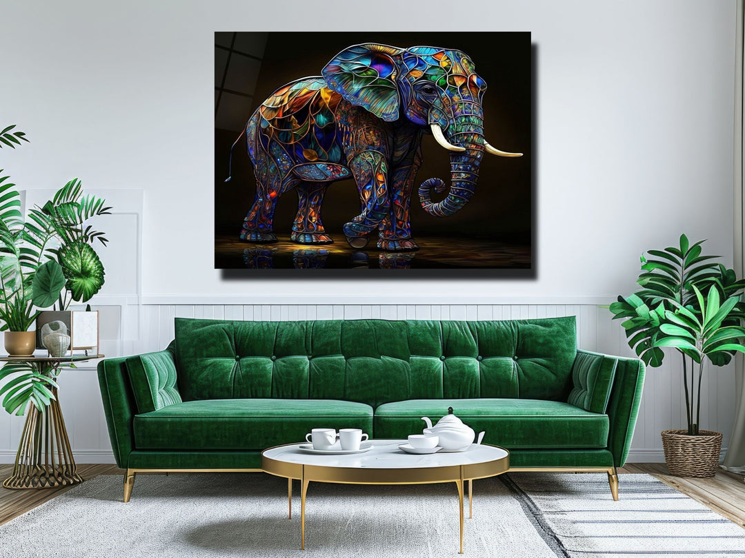 Elephant Colorful Stained Glass Pattern Glass Printing Wall Art - Glass Wall Decor