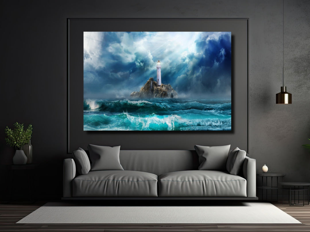 Lighthouse Blue Ocean Glass Printing Wall Art - Modern Glass Wall Decor