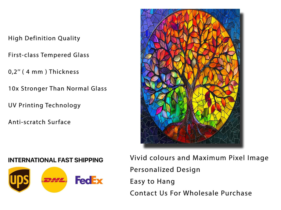 Stained Glass Tree Of Life Pattern Wall Art Decor-Home&Office Glass Printing Wall Painting