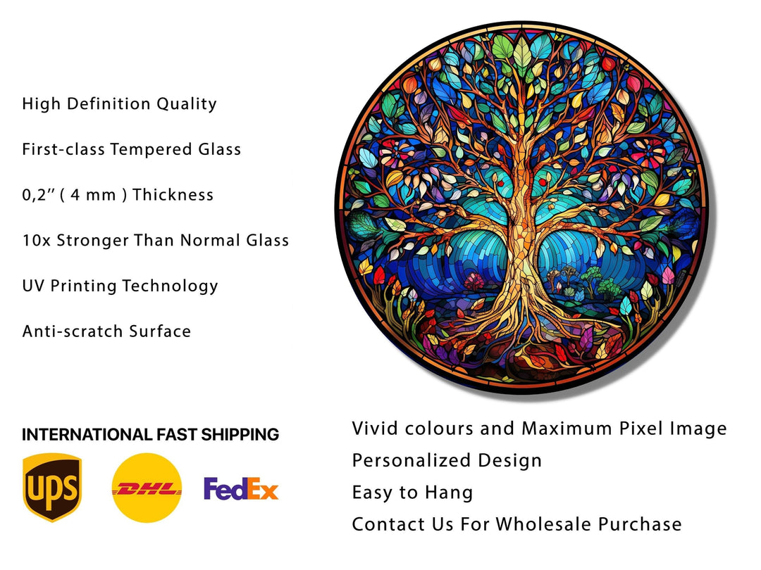 Tree of Life Stained Glass Pattern Wall Art Window-Wall Painting Decor Round