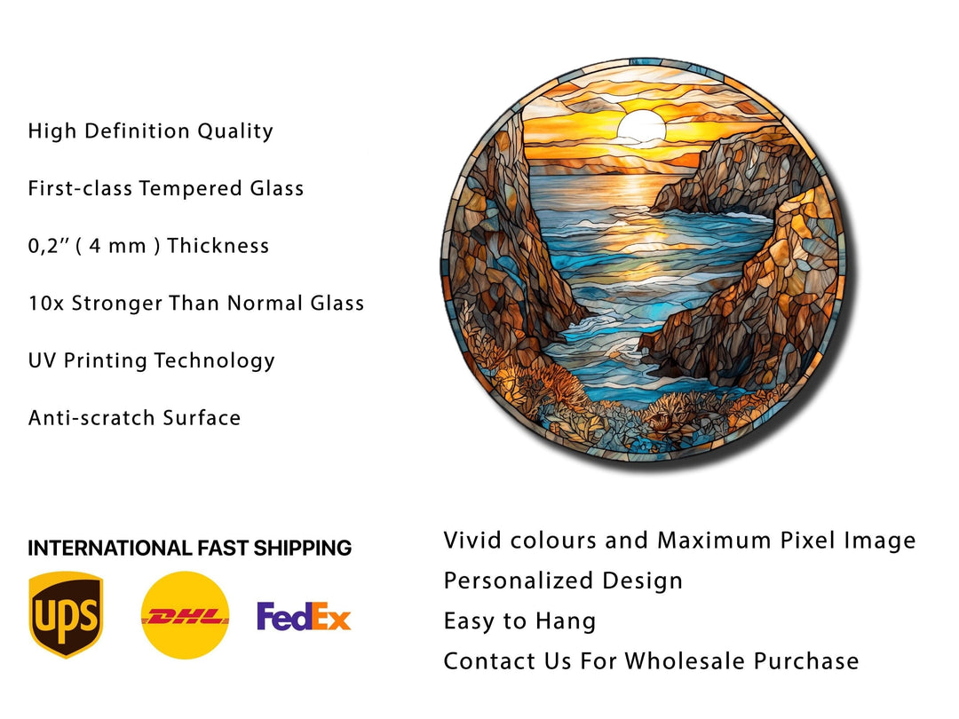 Stained Glass Sunset Pattern Wall Art Decor-Glass Printing Wall Painting Round