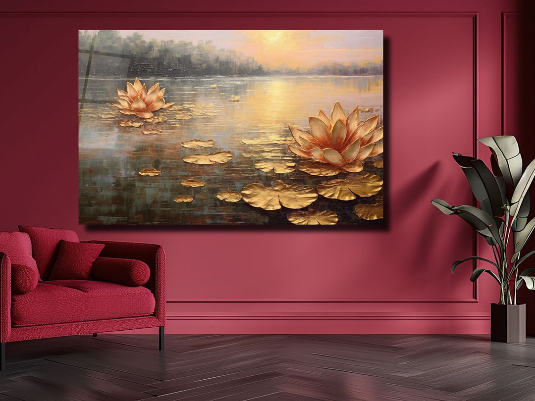 Gold Lotus Glass Printing Wall Art - Landscape Glass Wall Decor