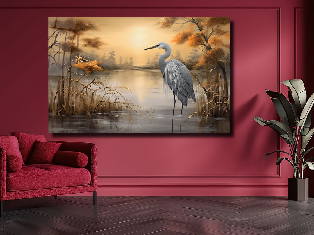 Stork Gold Glass Printing Wall Art - Landscape Glass Wall Decor