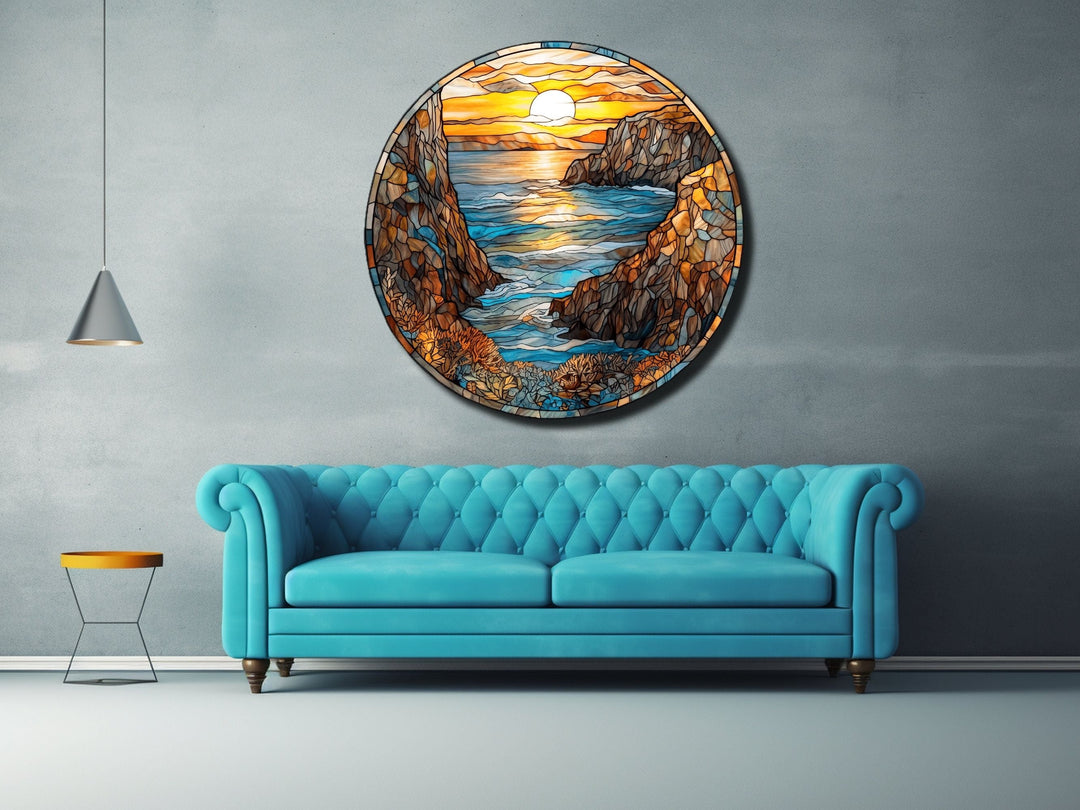 Stained Glass Sunset Pattern Wall Art Decor-Glass Printing Wall Painting Round