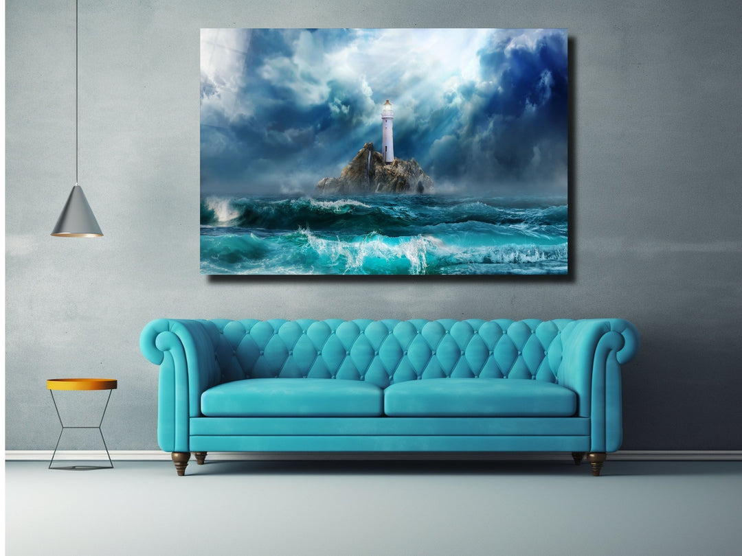 Lighthouse Blue Ocean Glass Printing Wall Art - Modern Glass Wall Decor