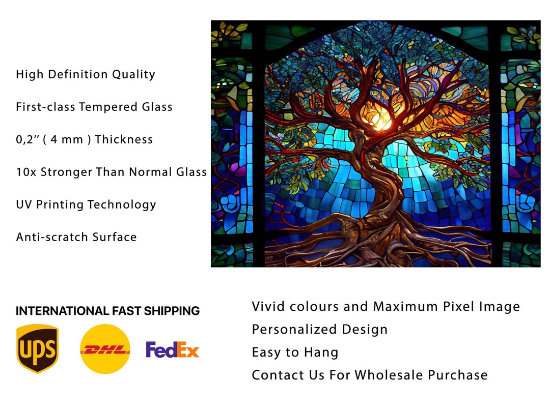 Stained Glass Tree of Life Pattern Wall Art Decor-Home&Office Glass Printing Wall Painting