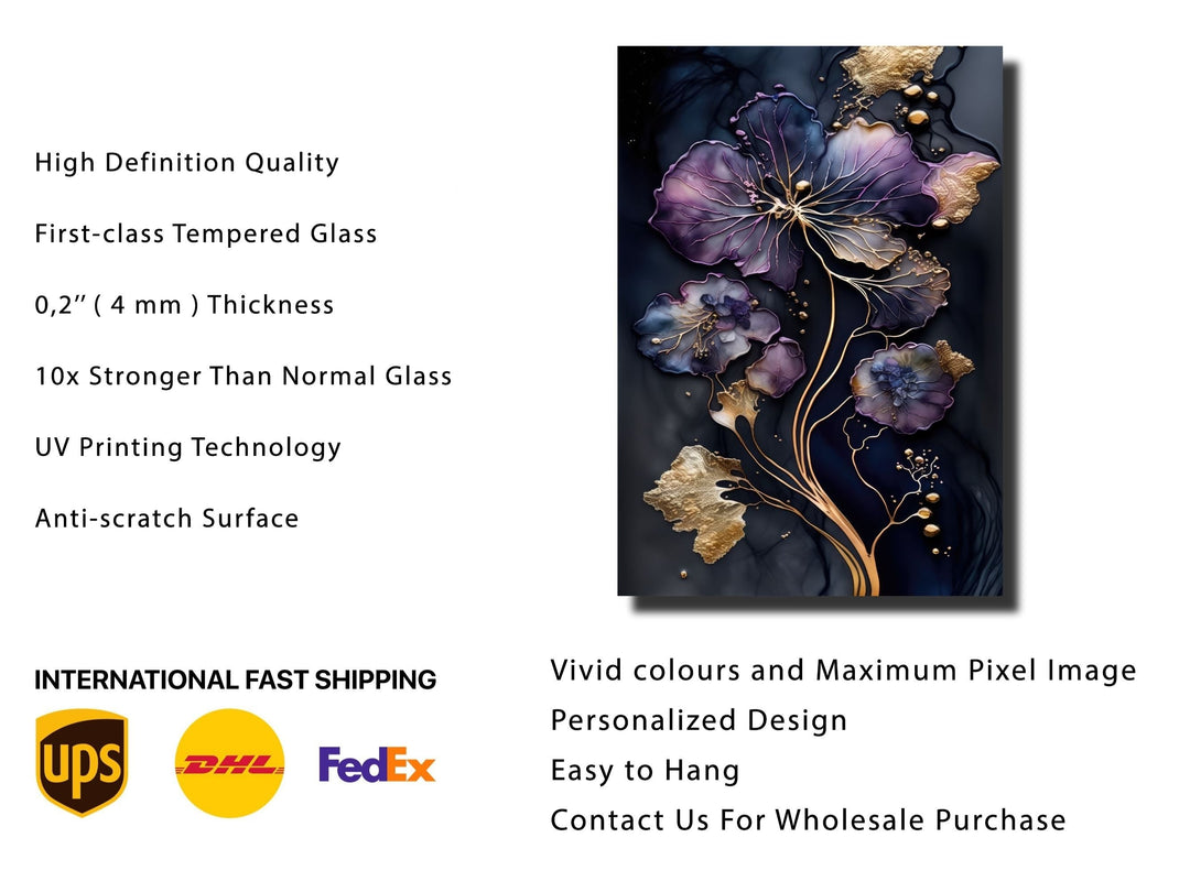 Abstract Gold&Purple Floral Glass Wall Art-Home&Office Glass Printing Wall Decor