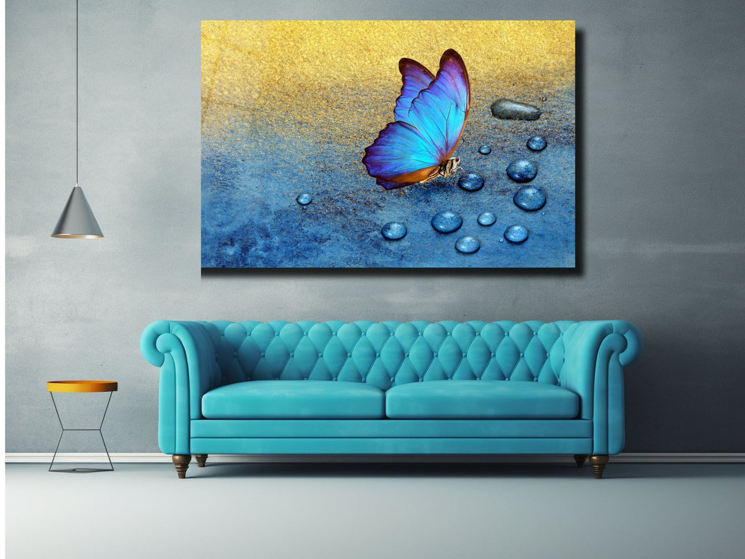 Blue Butterfly Glass Printing Wall Art - Modern Glass Wall Decor