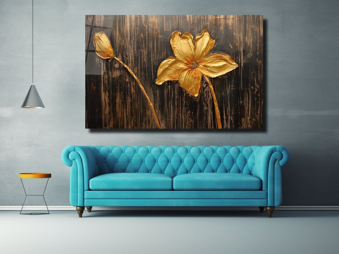 Gold Flower Glass Printing Wall Art - Glass Wall Decor