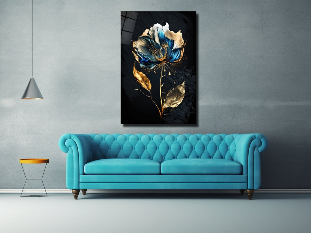 Abstract Blue&Gold Floral Glass Wall Art-Home&Office Glass Printing Wall Decor