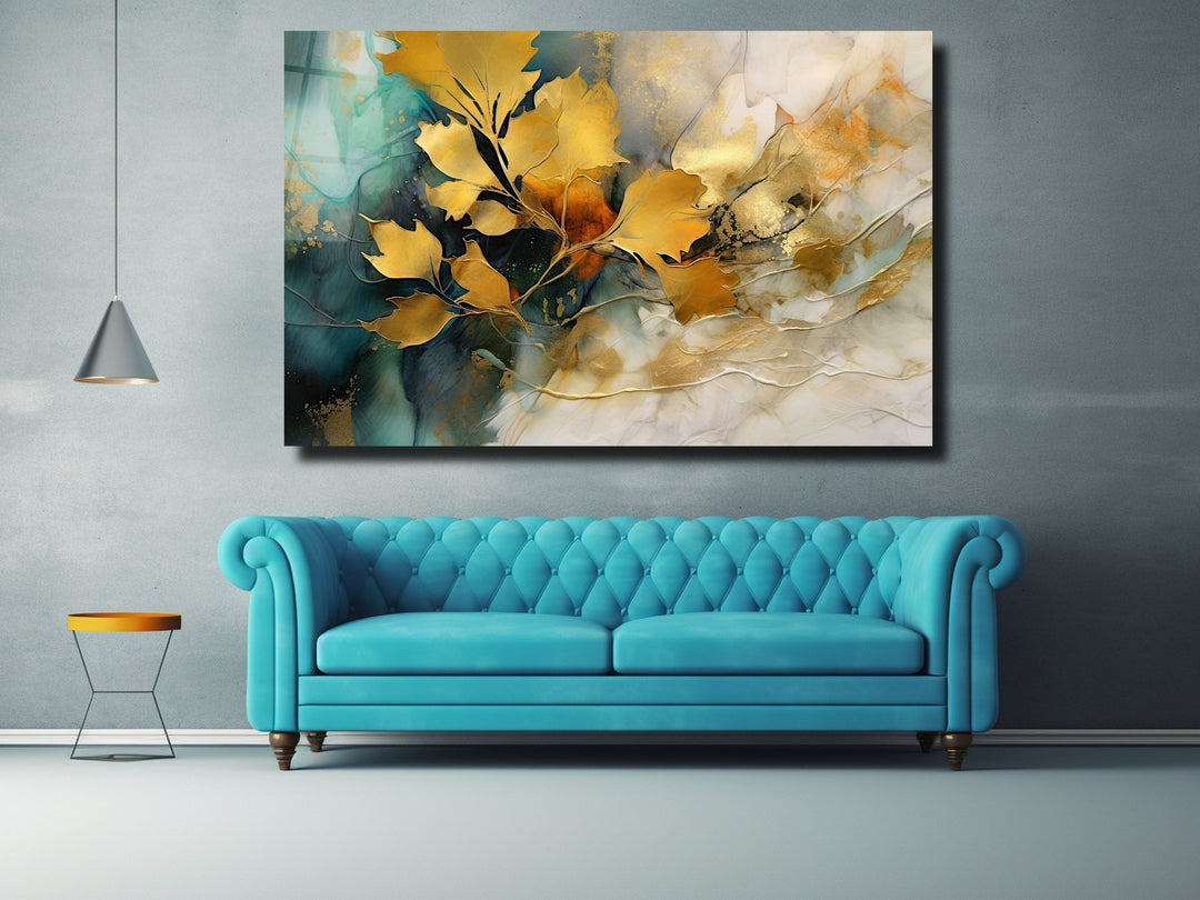 Gold Floral Glass Printing Wall Art - Glass Wall Decor