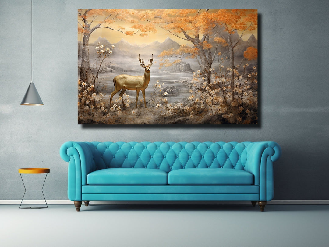 Gold Deer Glass Printing Wall Art - Landscape Glass Wall Decor