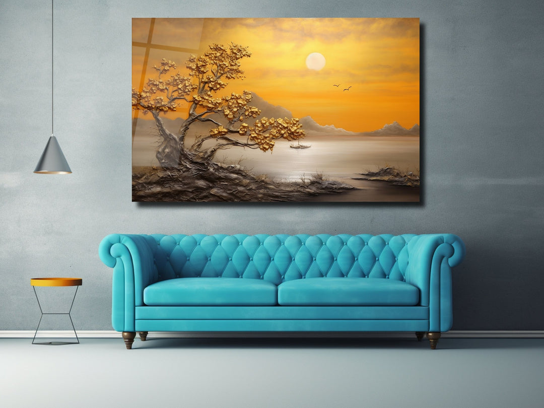 Sunset Landscape Glass Printing Wall Art - Gold Glass Wall Decor