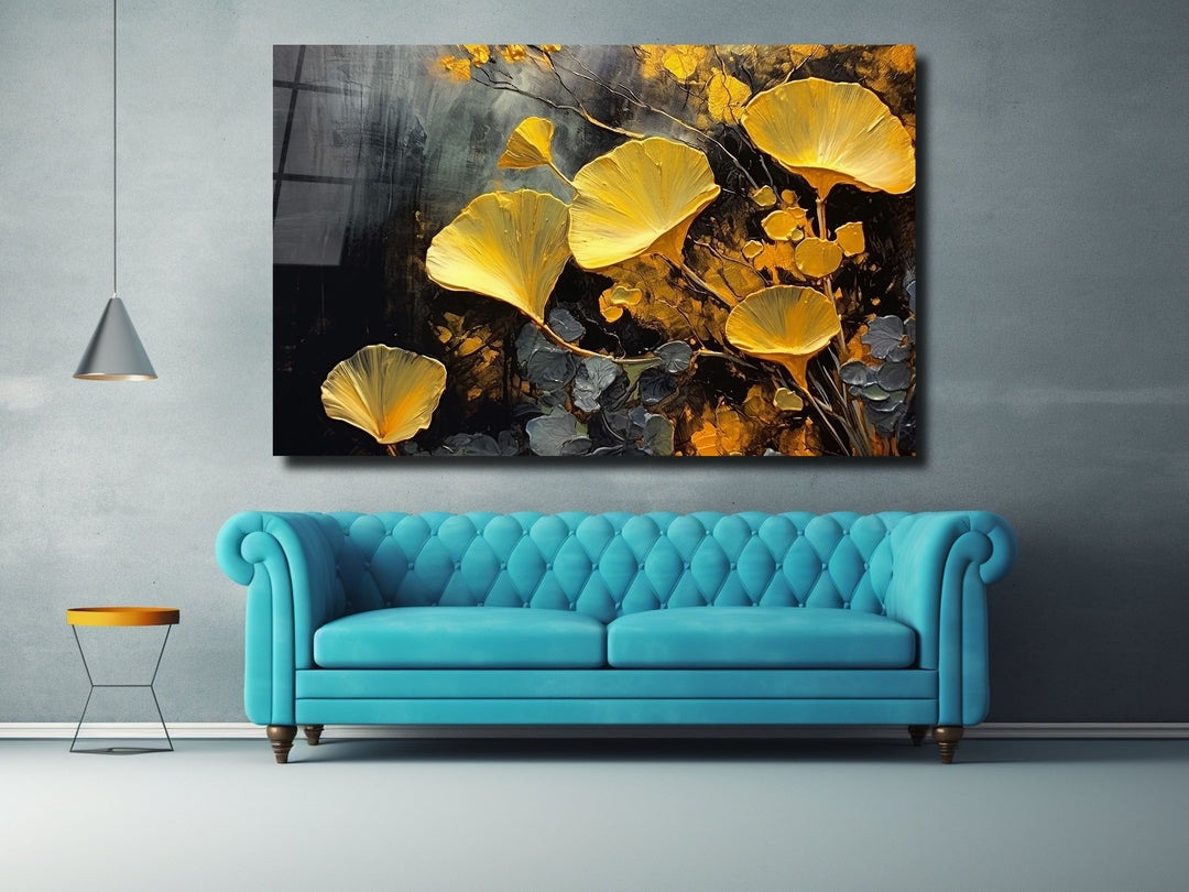 Gold Flower Glass Printing Wall Art - Glass Wall Decor