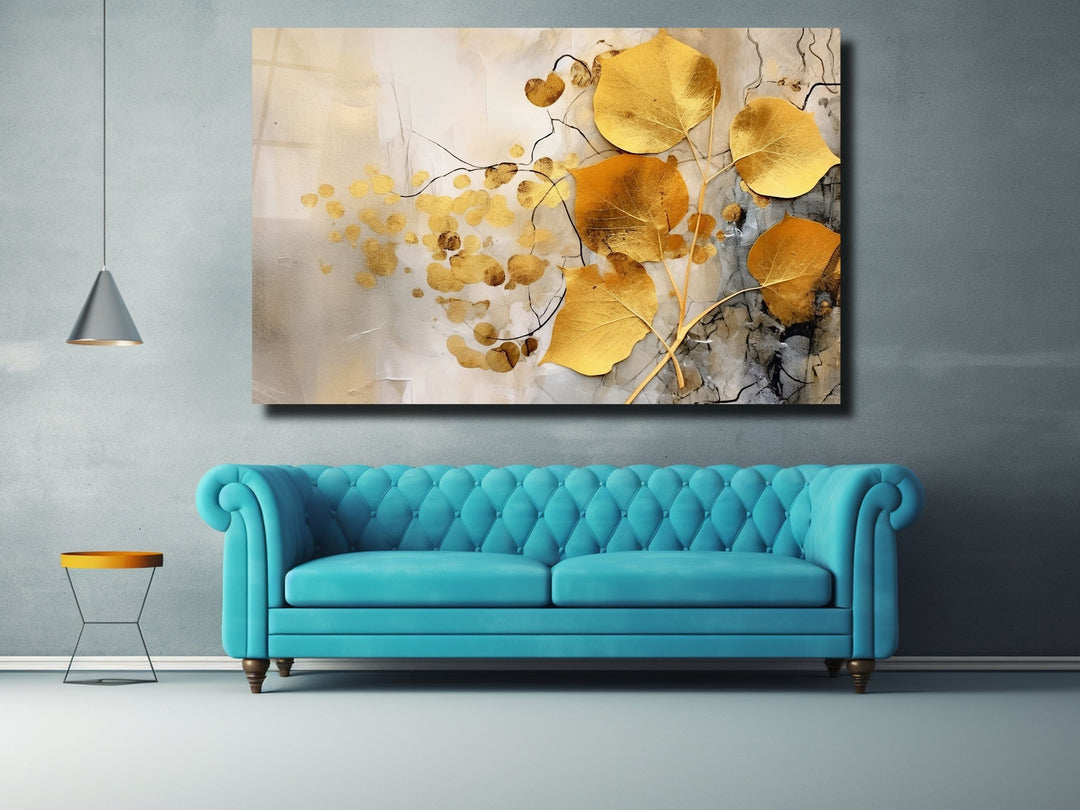 Gold Floral Glass Printing Wall Art - Glass Wall Decor