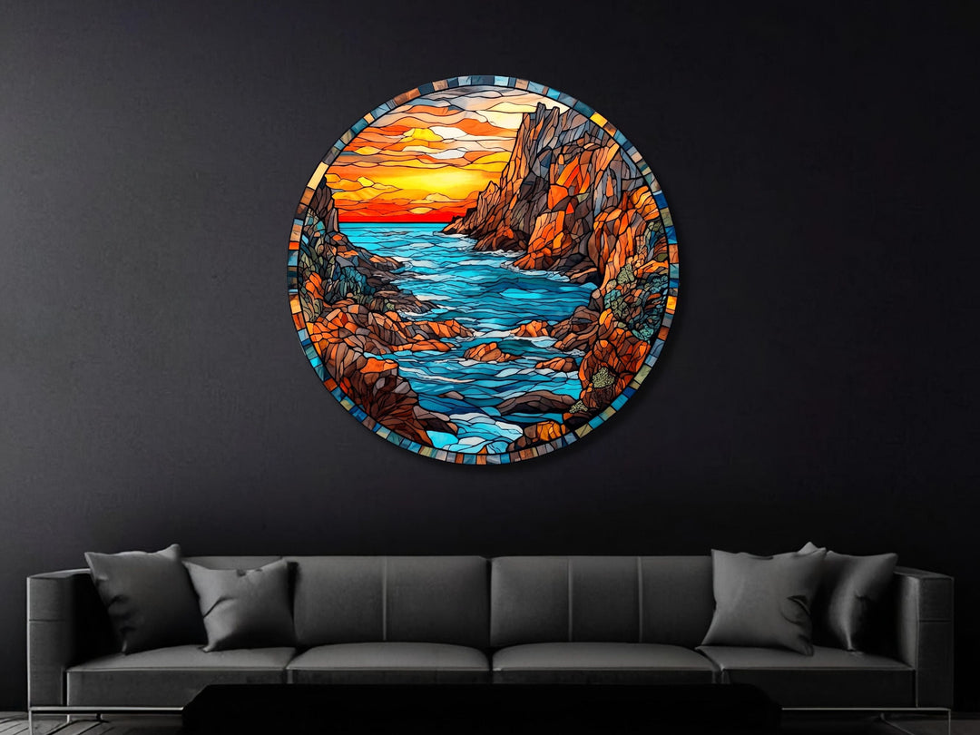 Stained Glass Sunset Pattern Wall Art Decor-Glass Printing Wall Painting Round