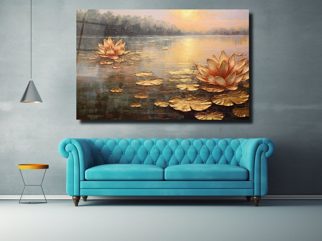 Gold Lotus Glass Printing Wall Art - Landscape Glass Wall Decor