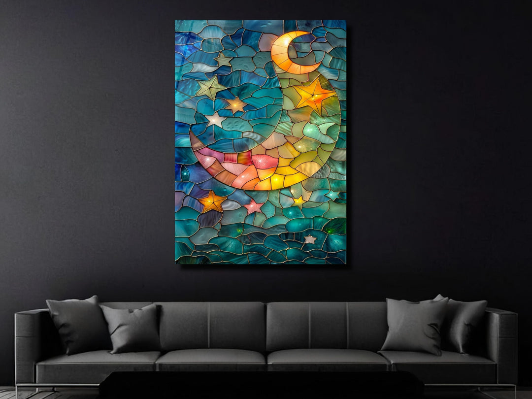 Stained Glass Moon&Star Pattern Wall Art Decor-Home&Office Glass Printing Wall Painting