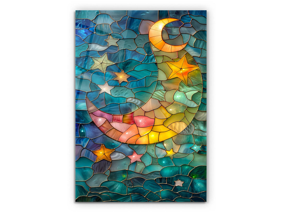 Stained Glass Moon&Star Pattern Wall Art Decor-Home&Office Glass Printing Wall Painting