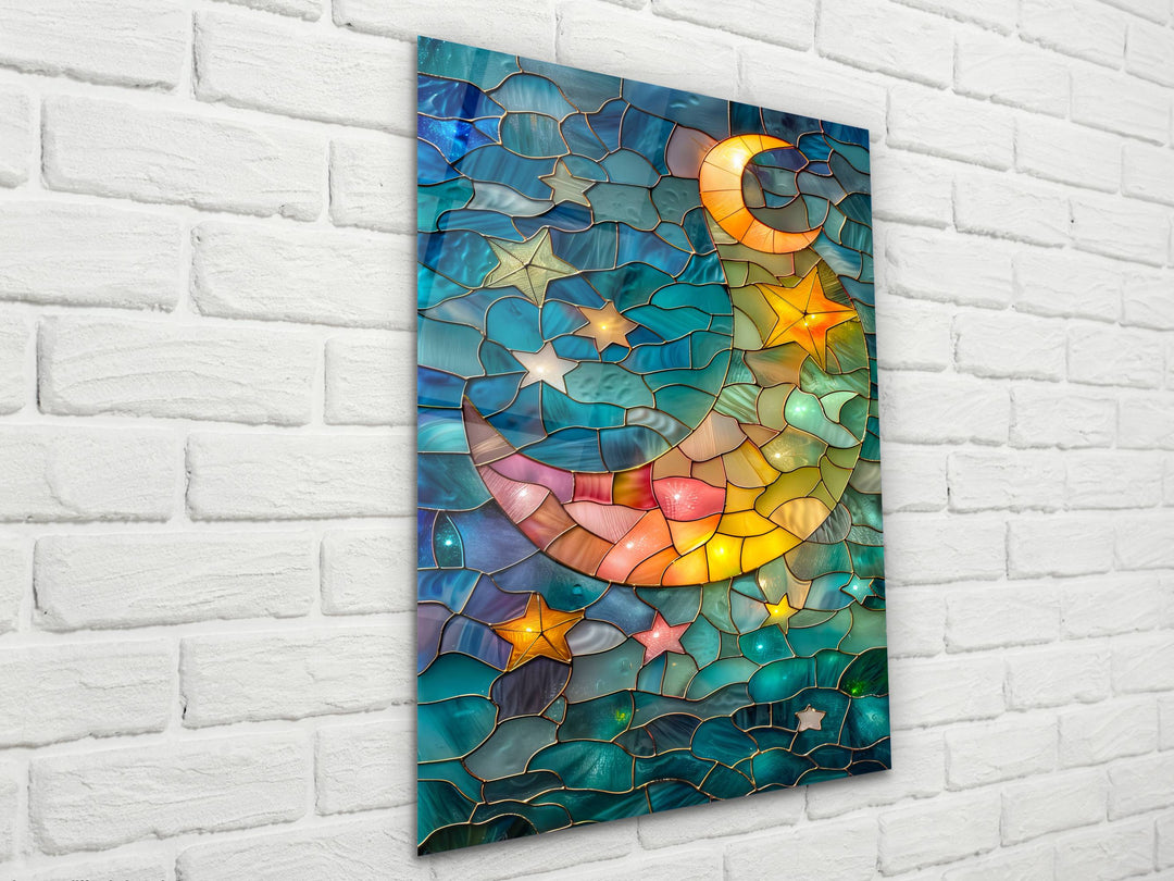 Stained Glass Moon&Star Pattern Wall Art Decor-Home&Office Glass Printing Wall Painting