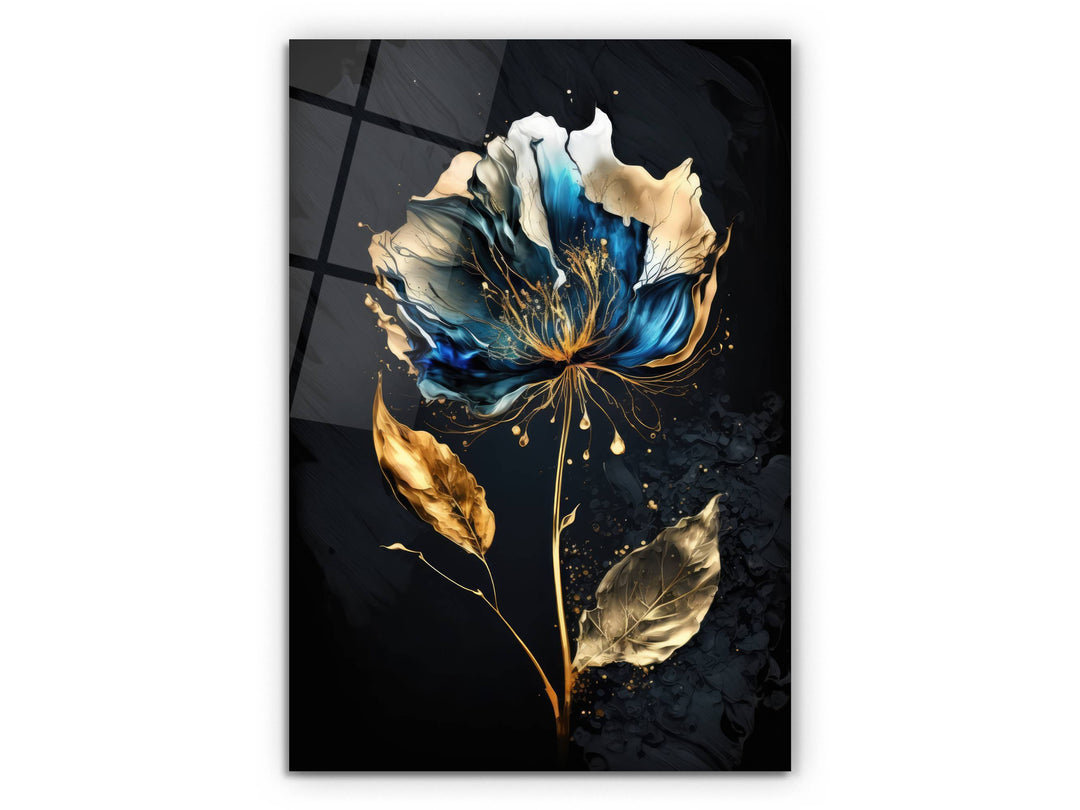 Abstract Blue&Gold Floral Glass Wall Art-Home&Office Glass Printing Wall Decor