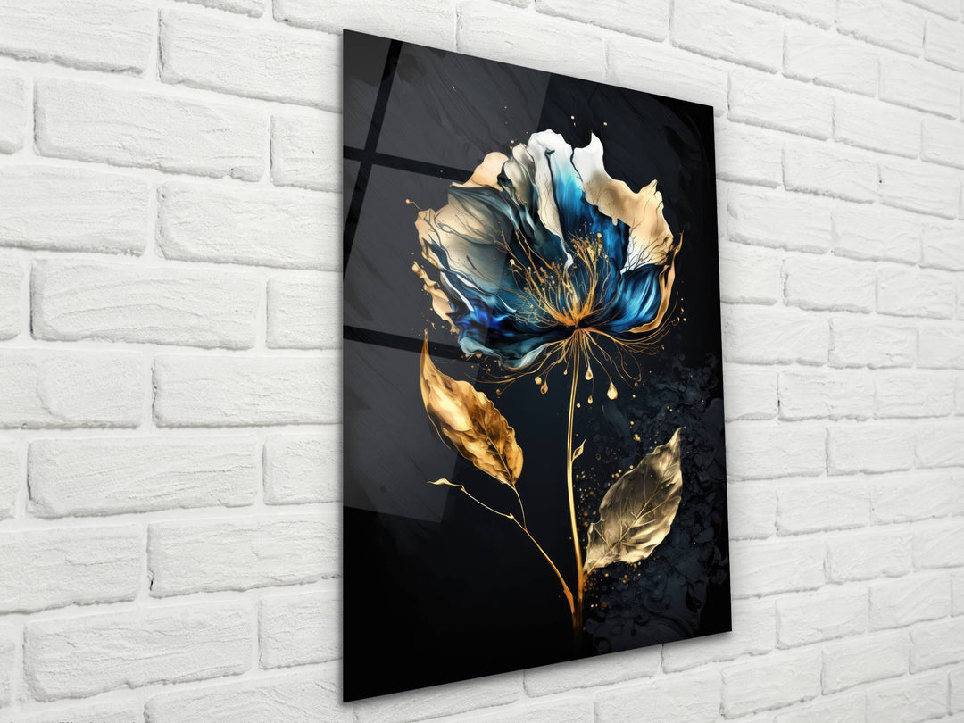 Abstract Blue&Gold Floral Glass Wall Art-Home&Office Glass Printing Wall Decor