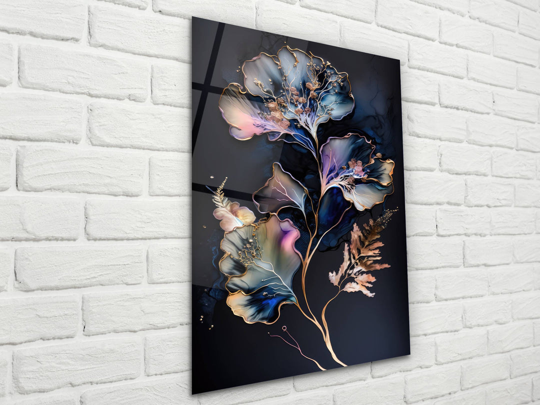 Abstract Blue&Gold Floral Glass Wall Art-Home&Office Glass Printing Wall Decor