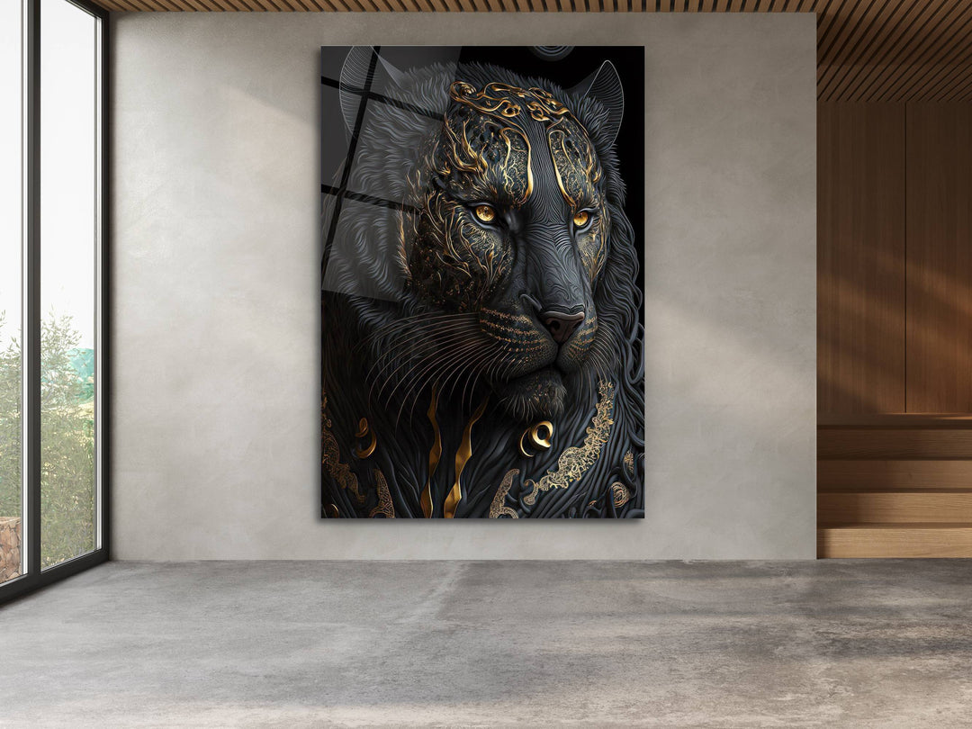 Lion Glass Printing Wall Art - Black Glass Wall Decor