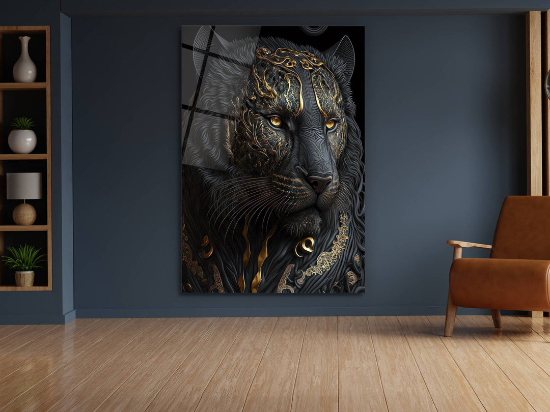 Lion Glass Printing Wall Art - Black Glass Wall Decor