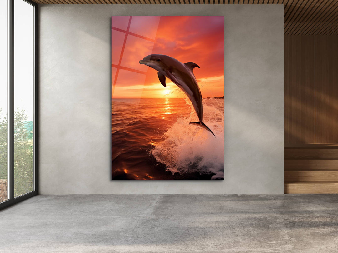 Sunset& Dolphin Glass Printing Wall Art - Sea Glass Wall Decor