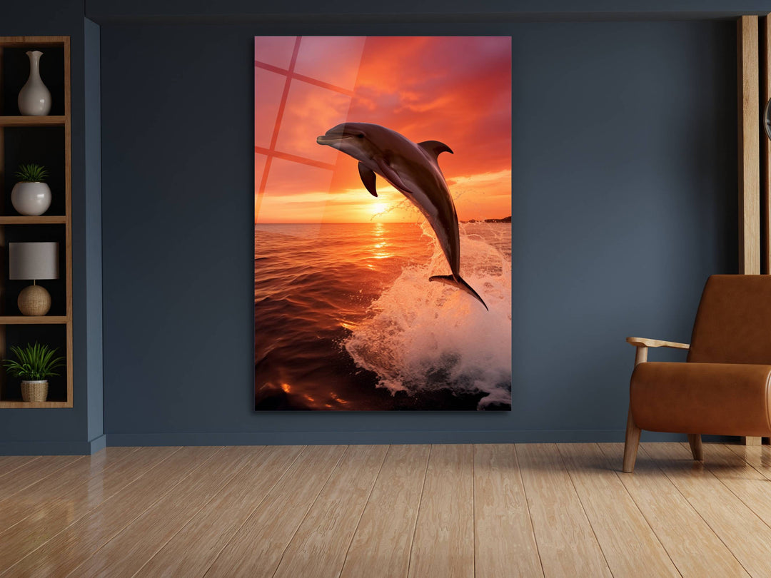 Sunset& Dolphin Glass Printing Wall Art - Sea Glass Wall Decor