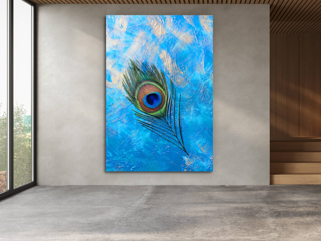 Peacock Feather Glass Wall Art Decor-Blue Glass Printing Wall Painting