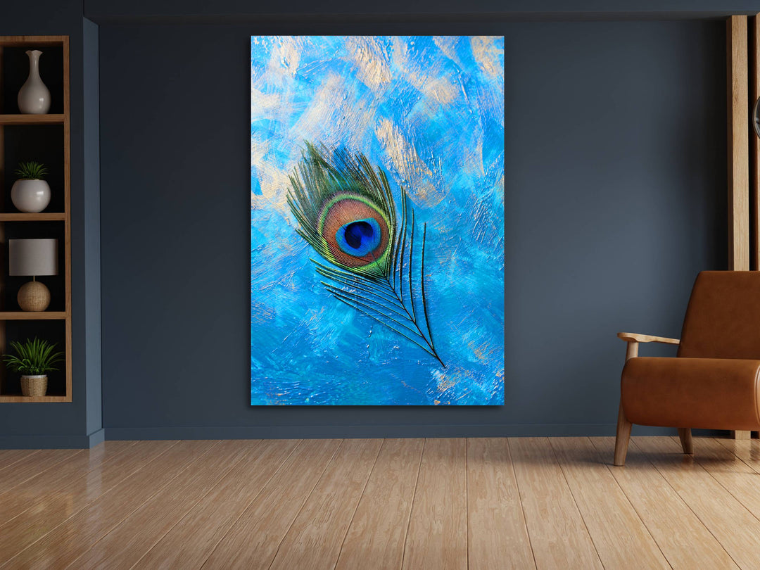 Peacock Feather Glass Wall Art Decor-Blue Glass Printing Wall Painting