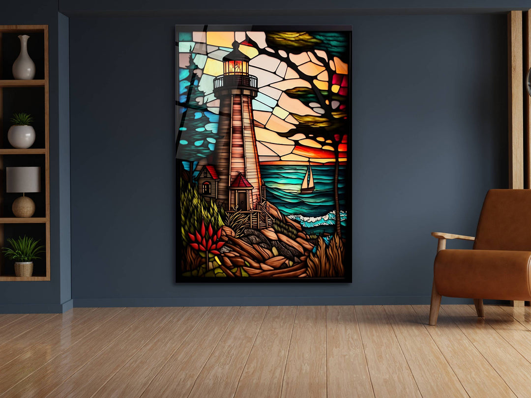 Stained Glass Light House Pattern Wall Art Window-Wall Painting Decor