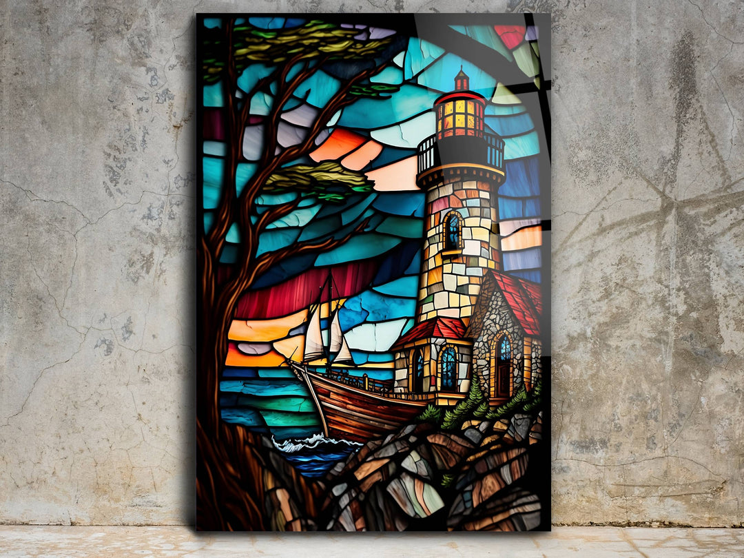 Stained Glass Light House Pattern Wall Art Window-Wall Painting Decor