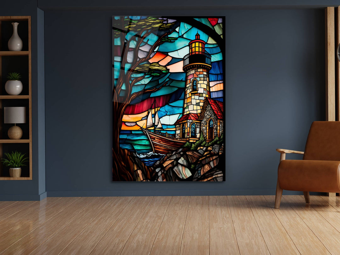 Stained Glass Light House Pattern Wall Art Window-Wall Painting Decor