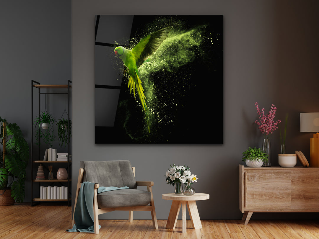 Abstract Green Parrot Glass Printing Wall Art - Home&Office Wall Decor