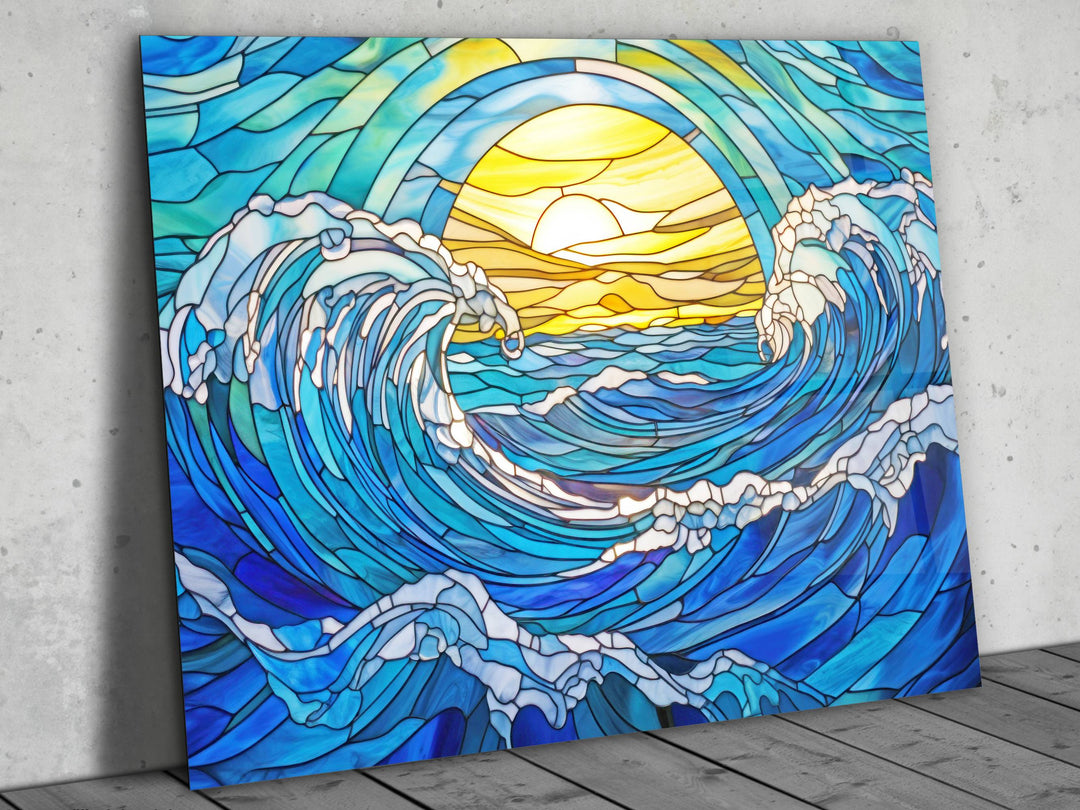 Stained Glass Ocean Wave Pattern Wall Art-Home Office Wall Painting Decor Panel