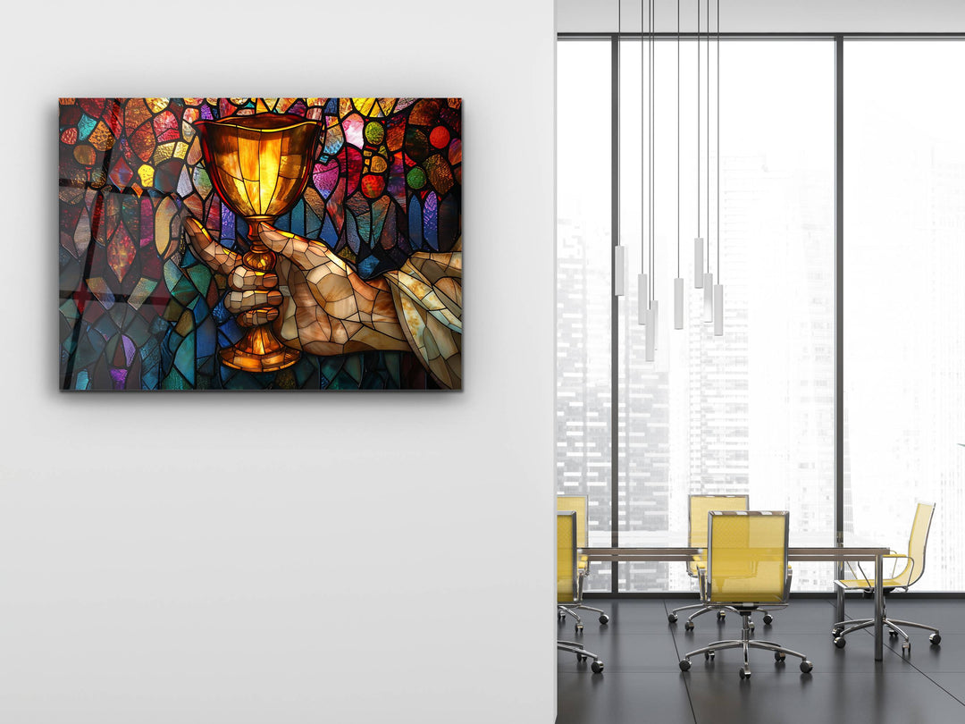 Religious Bread and Wine Stained Glass Pattern Glass Printing Wall Art - Glass Wall Decor