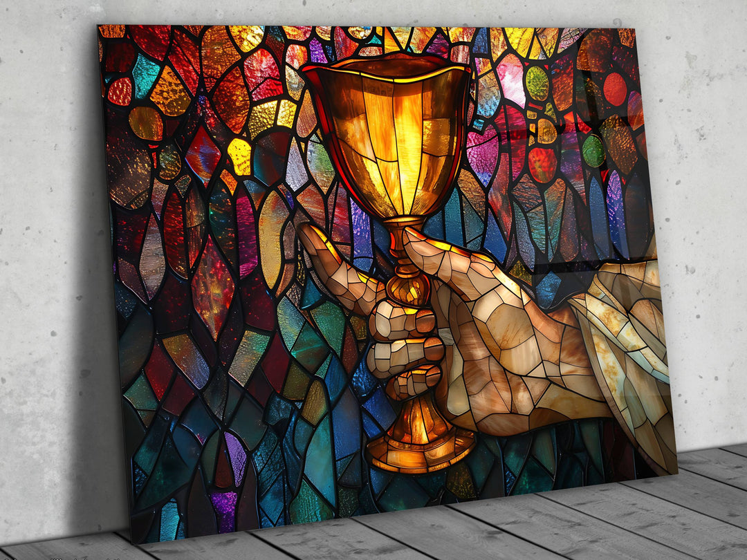 Religious Bread and Wine Stained Glass Pattern Glass Printing Wall Art - Glass Wall Decor