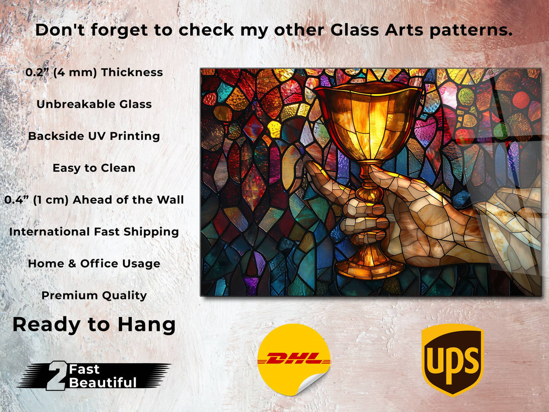 Religious Bread and Wine Stained Glass Pattern Glass Printing Wall Art - Glass Wall Decor