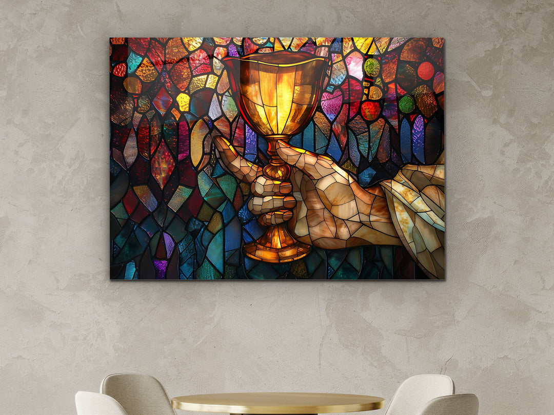 Religious Bread and Wine Stained Glass Pattern Glass Printing Wall Art - Glass Wall Decor