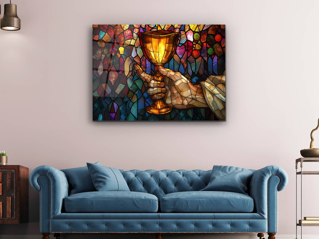 Religious Bread and Wine Stained Glass Pattern Glass Printing Wall Art - Glass Wall Decor